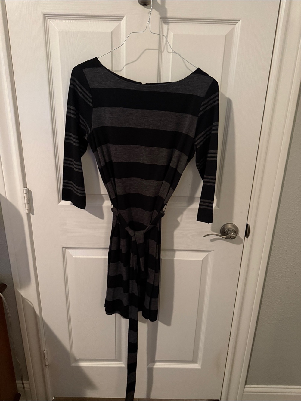 LOFT Black & Gray Striped Tie-Waist Long Sleeve Dress